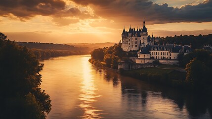 Majestic castle on riverbank at sunset.