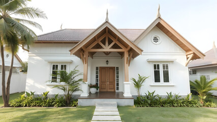 A close up of a white house with a wooden front door