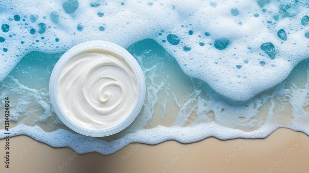 Aufkleber aerial view of a white container of cream on a beach with waves