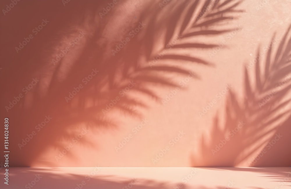 Aufkleber Palm leaf shadows on empty pink surface wall. Abstract background with artistic design, simplicity. Minimalist composition of light, shadow. Natural summer theme for wallpaper, creative projects.