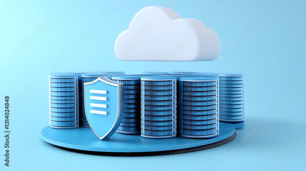 Poster cloud computing security concept with shield and database arrays on blue background