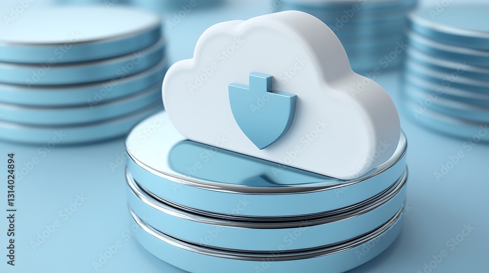 Poster cloud computing security concept with shield and stacked coins in blue and white color palette