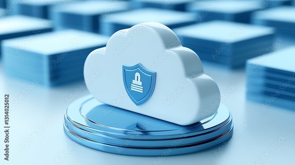 Poster cloud computing security concept with shield icon on modern digital platform in blue tone