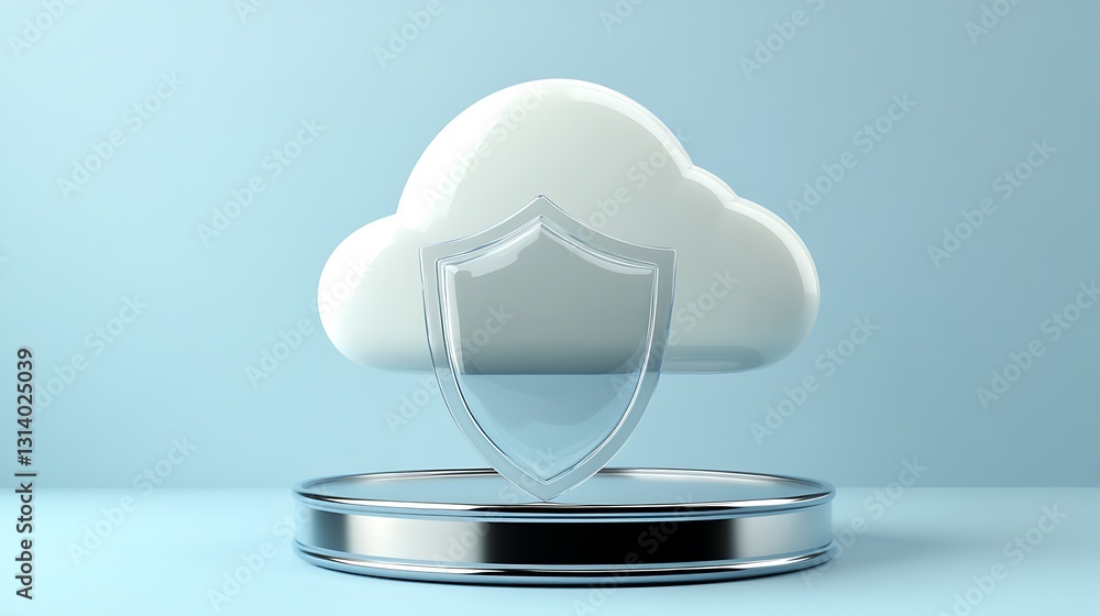 Poster cloud computing security concept with shield icon on shiny metallic base against blue background
