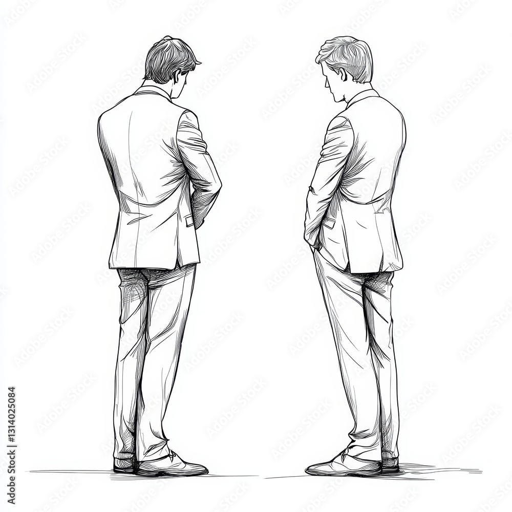 Poster two men in suits are standing next to each other. one of them is looking at the camera while the oth