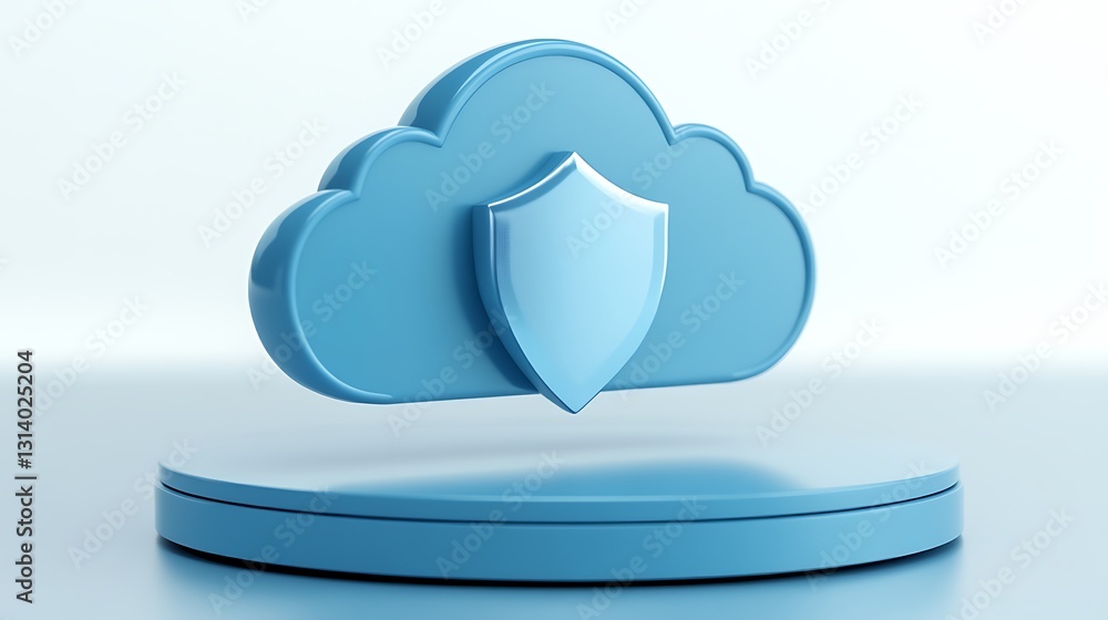 Poster cloud computing security concept with shield protection on soft blue background in minimalist style