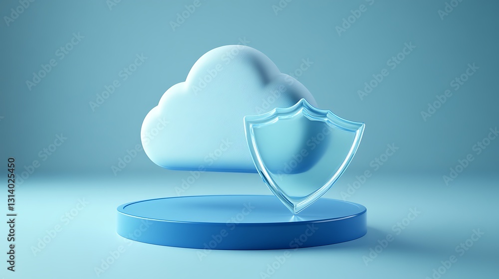 Poster cloud computing security concept with shield symbol in minimalist style on soft blue background