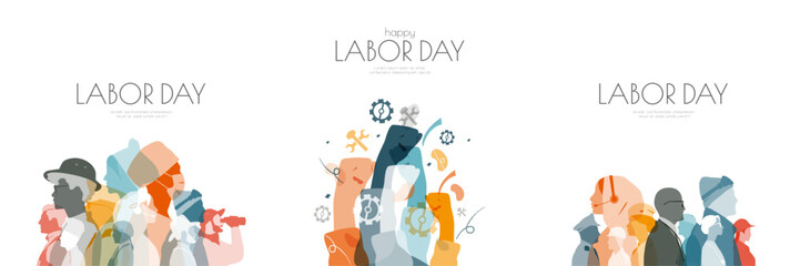 Labor Day set. People of different professions together. Hands up in fists. Modern colorful design.