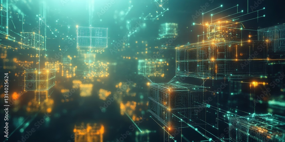 Poster a computer generated image of a cityscape with many buildings and lights. the image has a futuristic