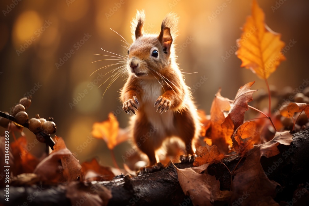 Poster autumnal scene with a squirrel standing on a fallen tree branch