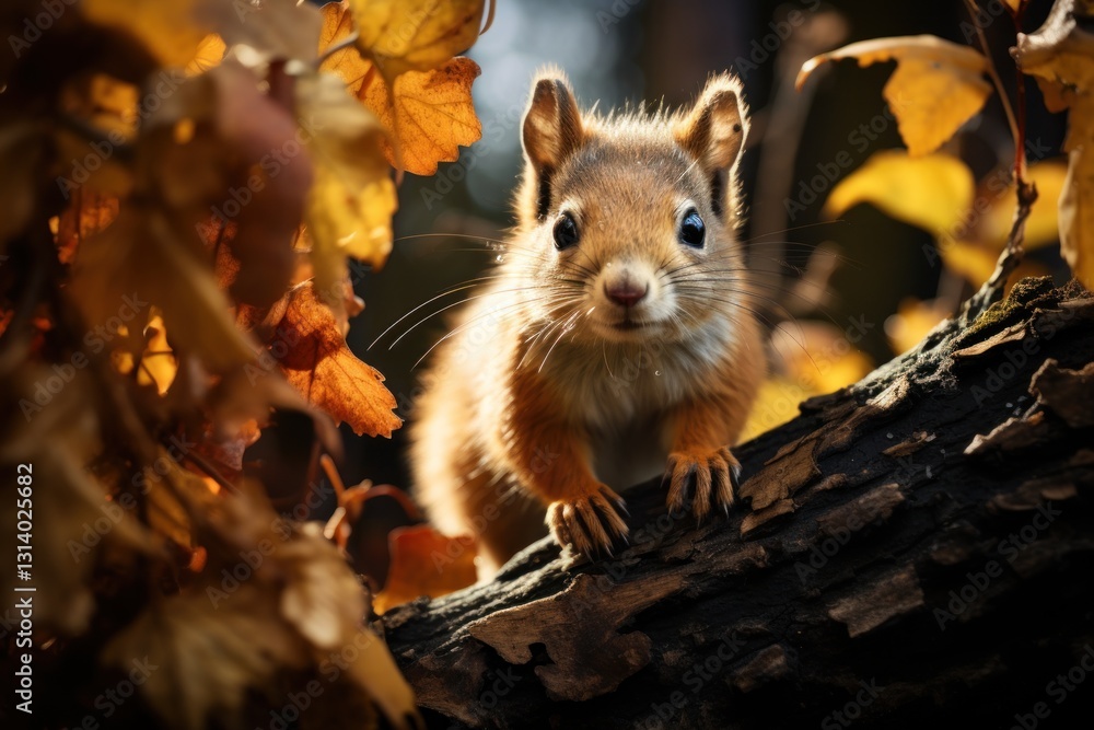 Poster autumnal scene with a squirrel on a tree branch