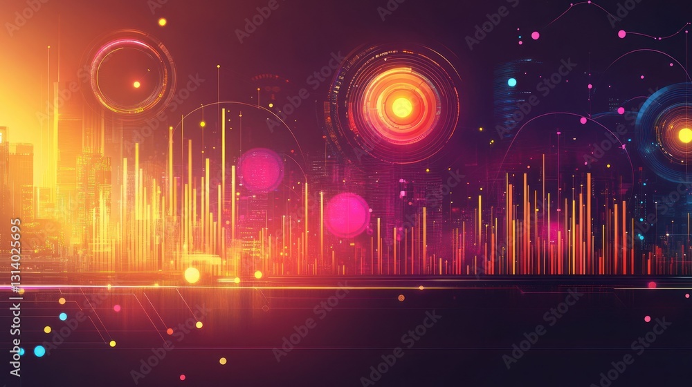 Poster digital cityscape composed of glowing lines and circular elements