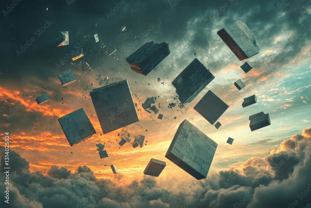Poster abstract 3d floating blocks in colorful cloudy sky at sunset