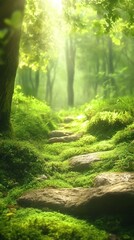 Obraz premium Serene Forest Pathway Surrounded by Lush Greenery and Sunlight