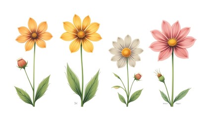Set of 4 wildflowers with delicate and colorful petals, illustrated in a natural and playful children's book style.