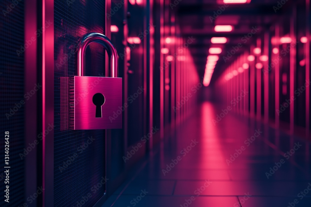 Poster a close-up view of a secure padlock on a server rack in a neon-lit data center. the dim corridor ref
