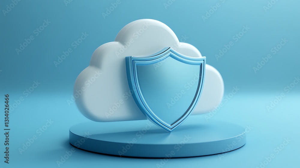 Poster cloud protection icon with shield representing data security and privacy on soft blue background