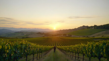 Fototapeta premium Woman Walking Through Lush Green Vineyard Rows at Golden Sunrise in Tuscany Italy