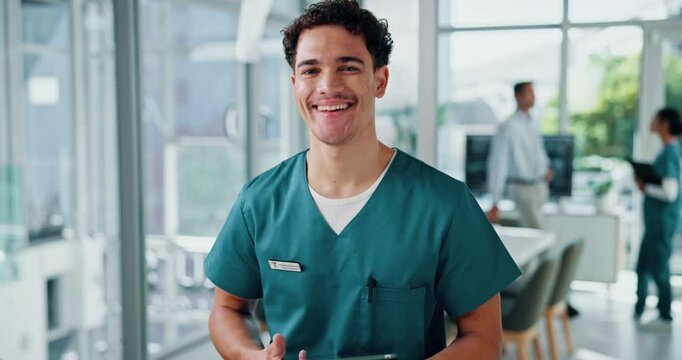 Face, nurse and happy man with tablet in hospital for healthcare service, telehealth or wellness doctor. Medical professional, intern and portrait of worker, employee or physician coworking in clinic