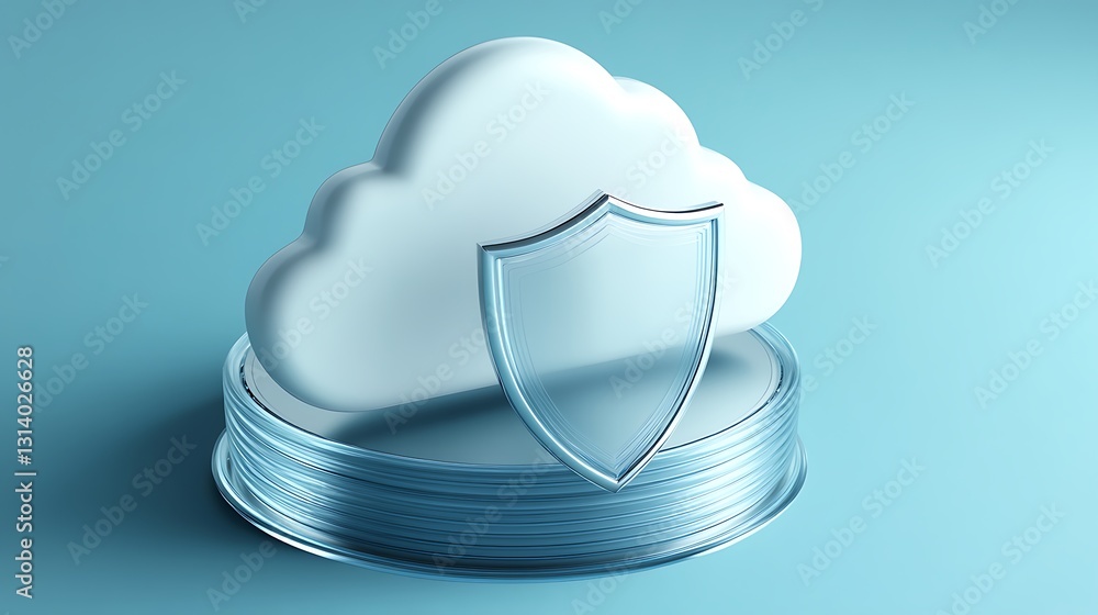 Poster cloud security concept with shield and layers representing data protection and privacy in digital en