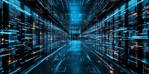 Futuristic Data Center with Glowing Data Streams and Neon Lights