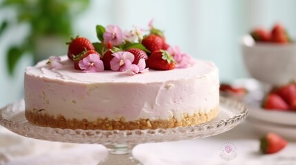 Delicate Pink Cheesecake with Fresh Strawberries and Flowers