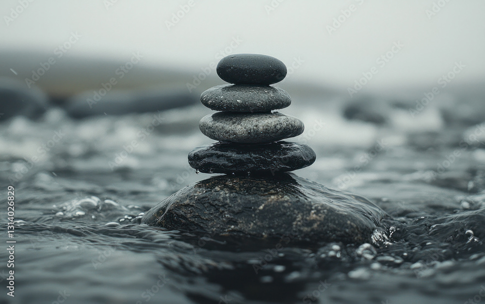 Poster serene stack of stones in a flowing stream