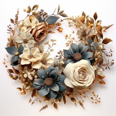 Elegant Floral Arrangement with Cream, Gold, and Blue Flowers