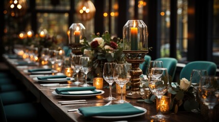 Elegant Table Setting with Candles, Wine Glasses, and Flowers