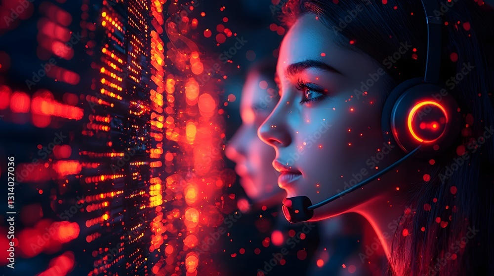 Poster futuristic call center with glowing data floating for business service assistance