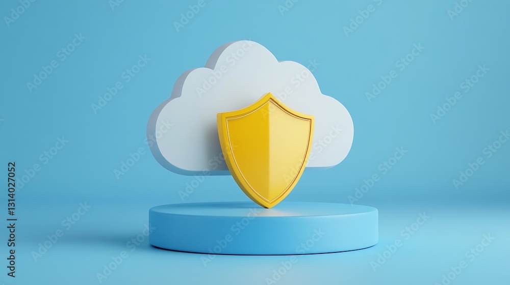 Poster cloud security concept with shield on blue background for data protection and cybersecurity themes