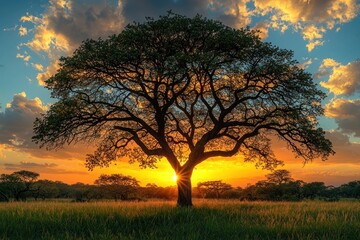 Fototapeta premium Lone tree stands in grassland as sun sets, sky glows with vibrant colors