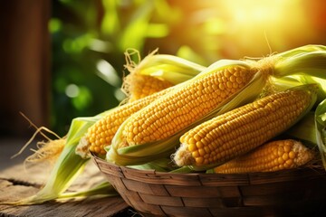 Freshly Harvested Corn on the Cob in a Wicker Basket