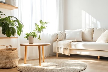 Naklejka premium Bright and Inviting Living Room with Large Sofa and Contemporary Decor