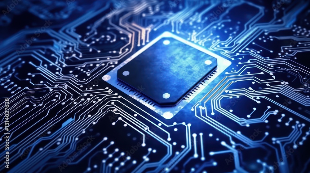 Poster microchip on a circuit board: a close-up view of electronic components