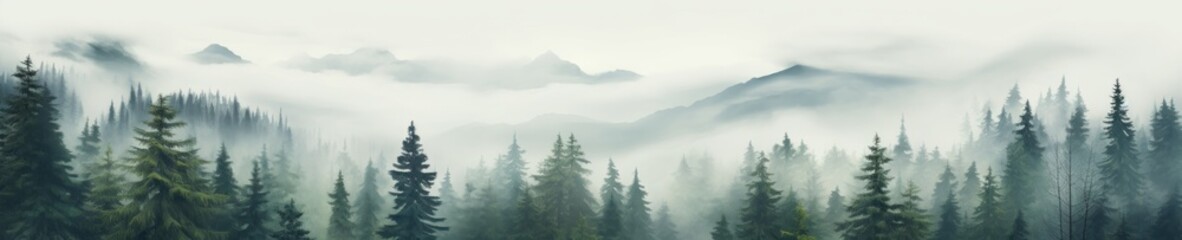 Fototapeta premium Misty Forest Landscape with Evergreen Trees and Mountains
