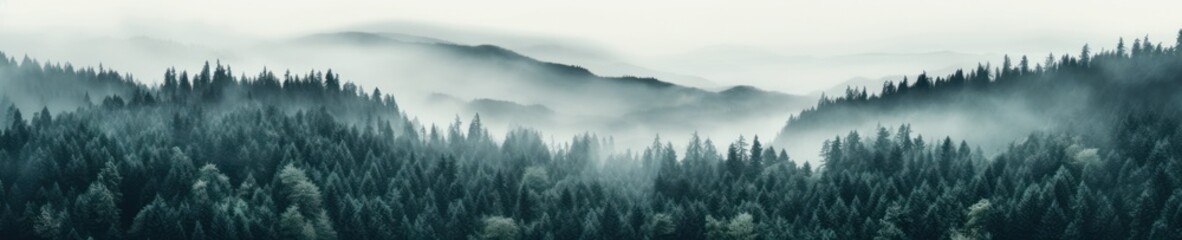 Misty Forest Landscape with Evergreen Trees and Rolling Hills