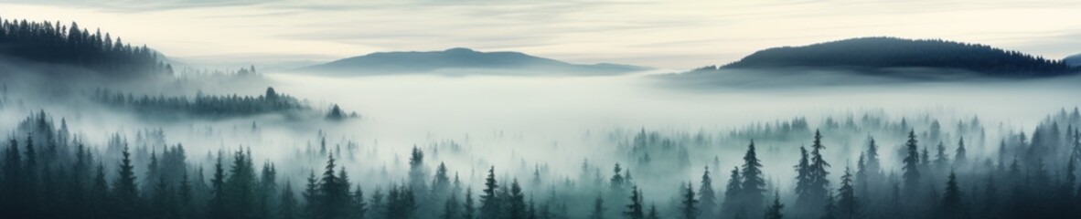 Fototapeta premium Misty Forest Landscape with Trees and Hills in the Distance