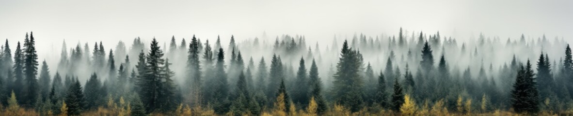 Fototapeta premium Misty Forest Landscape with Evergreen Trees and Yellow Foliage