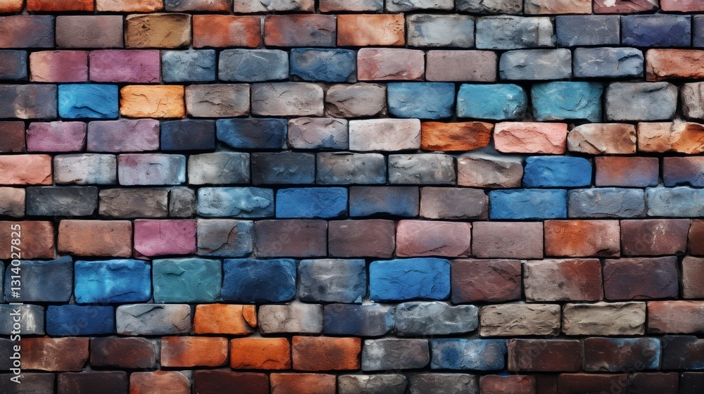 Poster multicolored brick wall with a mix of rectangular and irregular shapes