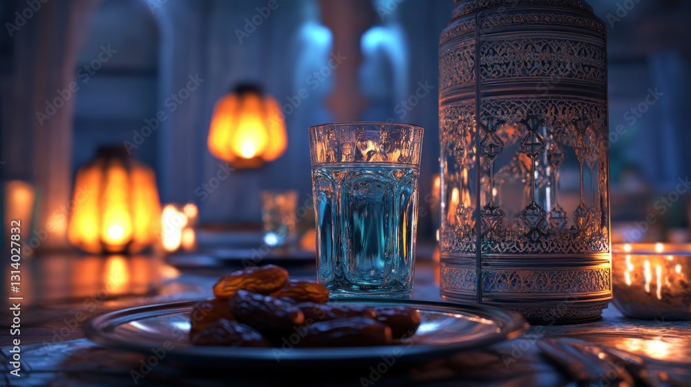 Poster An intimate table setting with dates a glass and lanterns