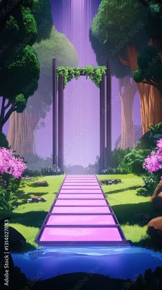 Poster glowing path leads to portal in lush forest setting with whimsical purple light in background