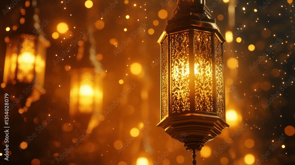 Poster illuminated golden lanterns with bokeh in a blurred atmospheric background