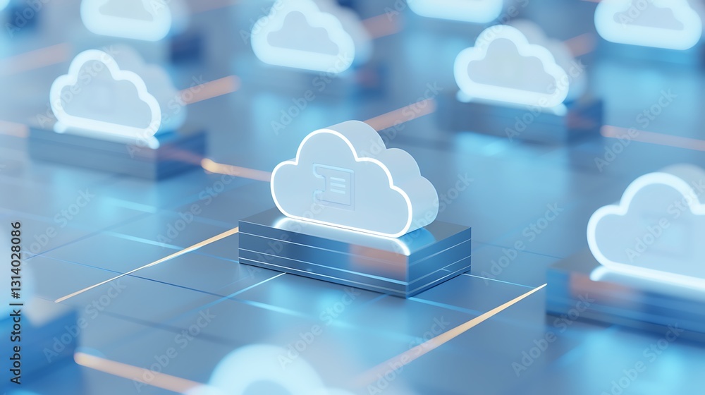Poster cloud storage network concept with glowing icons and abstract digital background design