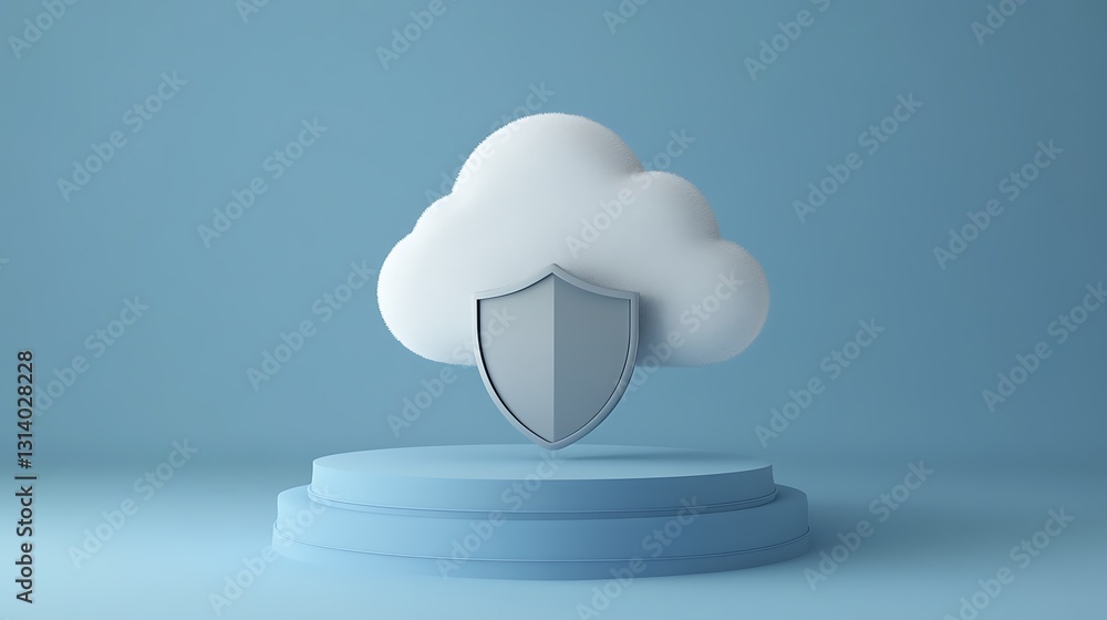 Poster cloud storage security concept with shield on blue background representing data protection and priva