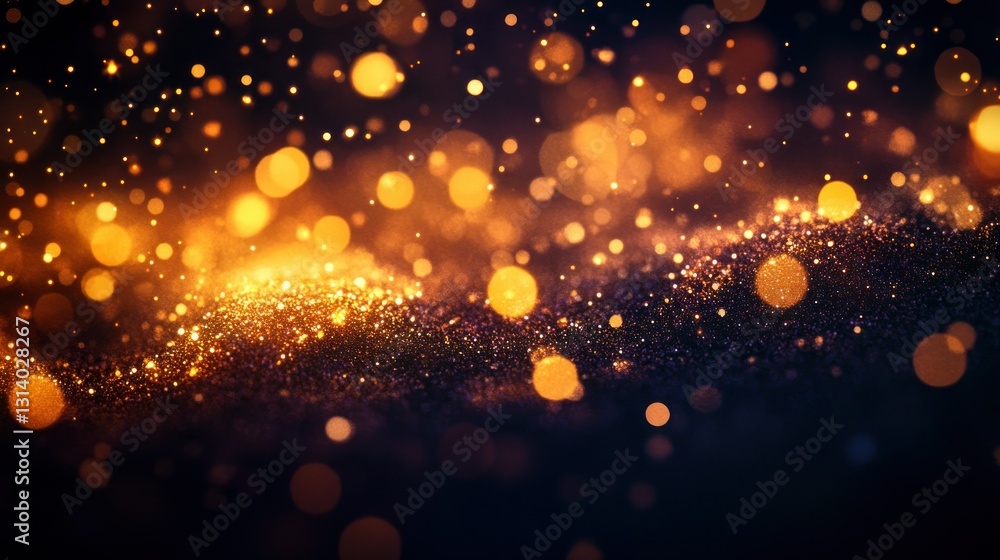 Poster golden shimmering particles and bokeh lights create a dreamy background scene