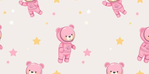 Abstract 3d space illustration with astronaut bear in space suit, star, and seamless pattern design on pink background, illustration, abstract