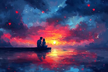 Lovers watching the sunset by the tranquil waters of the sea