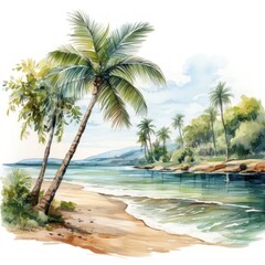 Obraz premium Serene Tropical Beach Scene with Palm Trees and Calm Waters