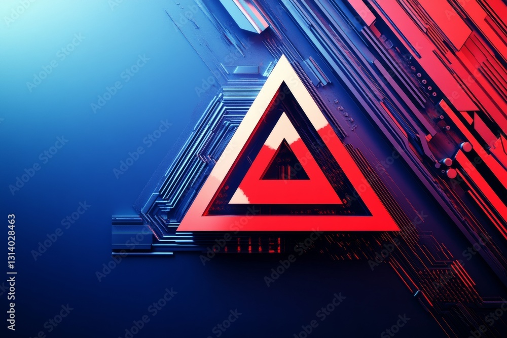 Poster this image features an abstract geometric shape with a striking red and blue design, ideal for techn
